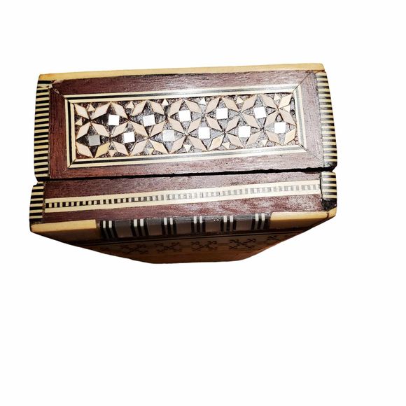 Vintage 1950s Handmade Pearl Bone Wood Inlaid Marquetry Jewelry Box - Picture 3 of 9